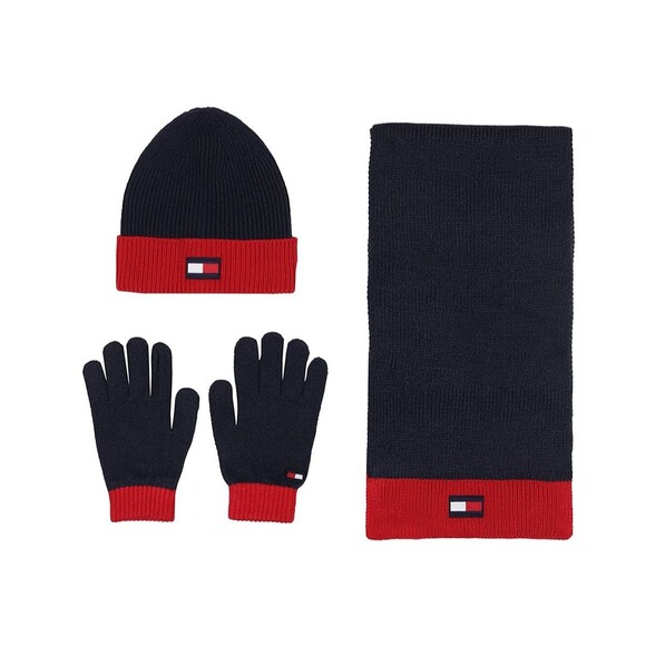TOMMY HILFIGER Mens Navy Red Beanie Hat Gloves Scarf 3-Piece Set Flag Logo $88 - Picture 1 of 5